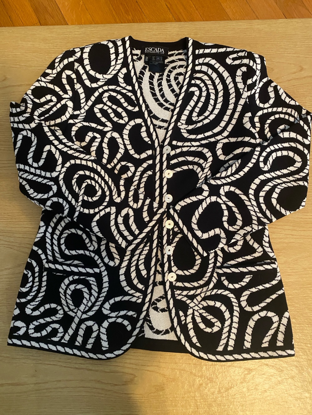 VGT  ESCADA by Margaretha Ley Black/White Nautical Rope Knit Cardigan, Made GERM